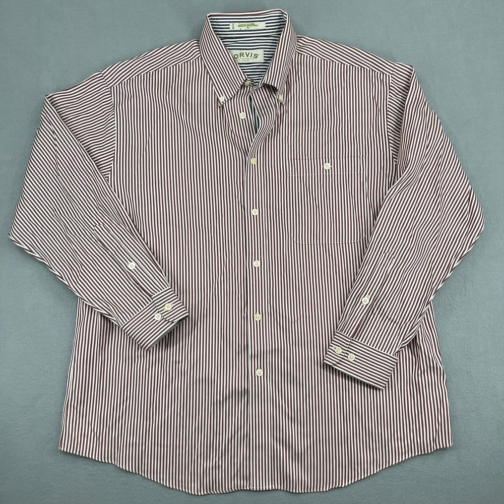 Orvis Mens XL Burgundy White Striped Long Sleeve Cotton Button Down Shirt‎